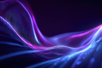 Abstract, dynamic flow of particles with neon blue and purple gradient over dark background