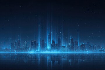 Futuristic cityscape silhouette glows with digital light beams, reflecting in a mirrored surface
