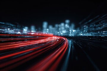 Dynamic perspective of blurred city lights at night with streaks of red light