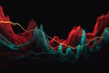 Abstract graphic displays data analysis, illustrating fluctuations with red/green peaks and a yellow line