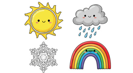 Cute Kawaii Weather Icons Sun Cloud Snowflake Rainbow for Kids Education Design