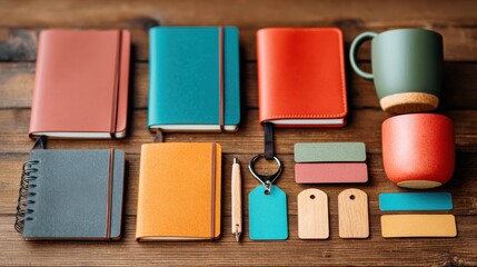 Fototapeta premium corporate retreat travel design. Colorful notebooks, tags, and mugs arranged neatly on a wooden surface.