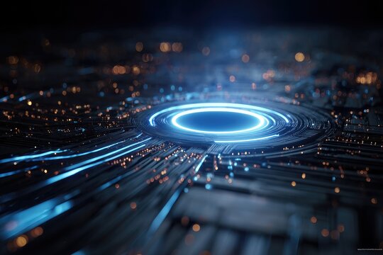 Futuristic digital concept A circular glowing core amidst complex circuit-board textures and glowing lines