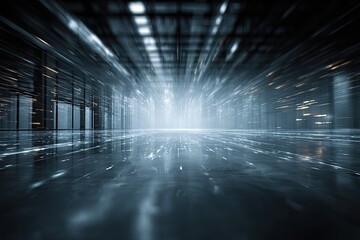 A futuristic interior, light emanating from the end of a long corridor, with reflections