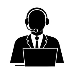 Illustration of a call center agent with headset in front of a laptop screen