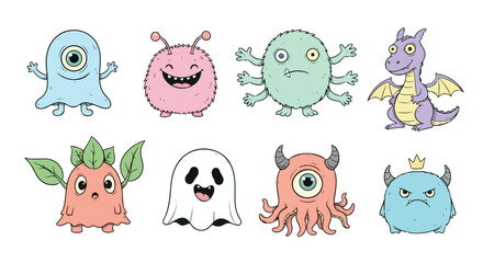 Set of Cute Cartoon Monsters and Creatures Kawaii Style Kawaii Monster Collection Adorable Cartoon Creatures for Kids and Design Projects