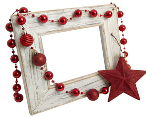 Rustic white picture frame with red christmas garland isolated on transparent background