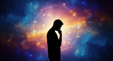 Silhouette of a person contemplating against a cosmic galaxy background