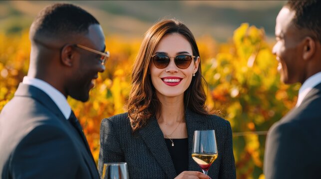 corporate retreat travel design. Three well-dressed people socializing outdoors with wine glasses at sunset.