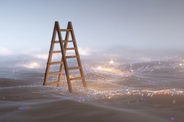 Wooden ladder extends into a surreal, sparkling expanse of waves and a hazy sky