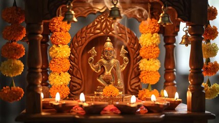 Beautifully Decorated Hindu Altar with Deity and Lit Lamps. - Powered by Adobe