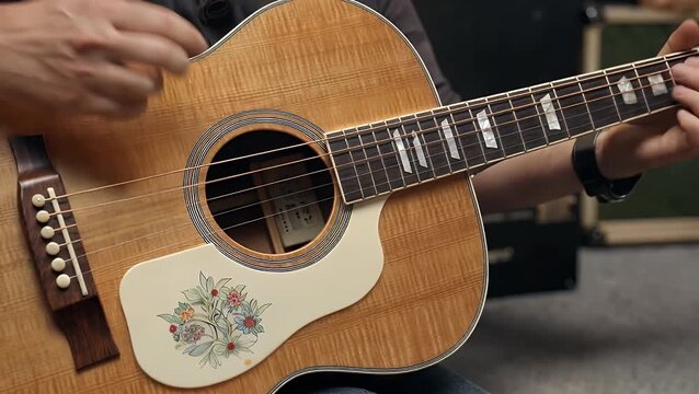 close-up detailed of the pickguard and soundhole area on vintage wooden acoustic guitar