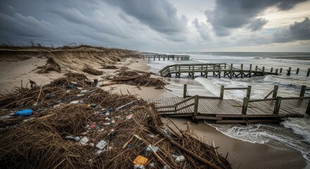 Storm Damage and Debris on Beach with Broken Pier and Overcast Sky