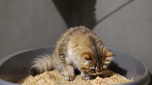 Purebred Feline with Unique Features Perched Inside Its Designated Sanitary Area