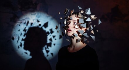 Surreal Art of a Woman with Fragmented Geometric Headpieces