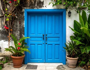 Vibrant Blue Doorway in a Quaint European Town.
