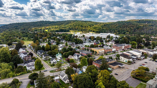 Greene, NY, USA - September 14, 2025 - Afternoon aerial mage of the area surrounding the Village of Greene, Chenango County, NY.