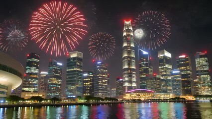 Spectacular Nocturnal Display of Pyrotechnics Over Dense Urban Skyline in Southeast Asian City-State