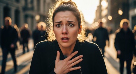 Woman in urban setting shows shock and fear