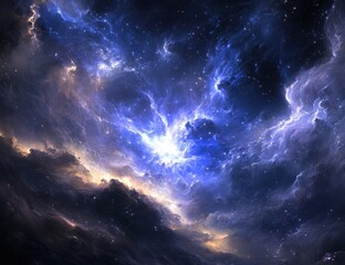 Blue nebula with cosmic clouds, star burst in center