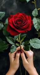 Woman holding vivid red rose against a dark, textured backdrop