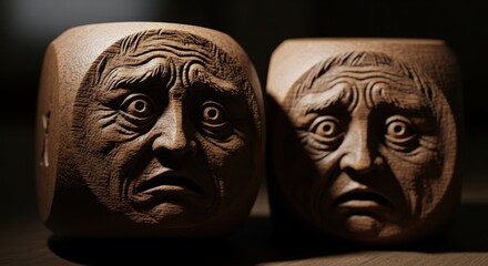 Wooden Dice with Fearful Facial Expressions