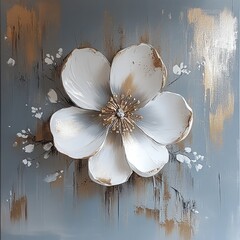 Abstract white flower with gold accents on gray background