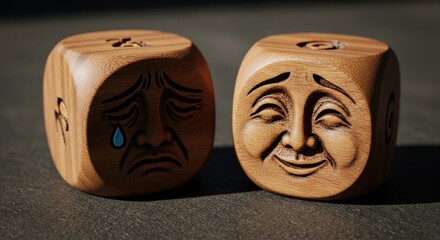 Wooden Dice with Sad and Happy Faces