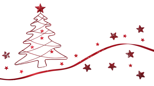 Red christmas tree outline with stars and ribbon isolated on transparent background - Powered by Adobe