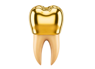 Healthy white tooth wearing a golden crown isolated on transparent background