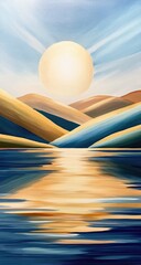 Calm lake, stylized dunes, rising sun, and serene sky