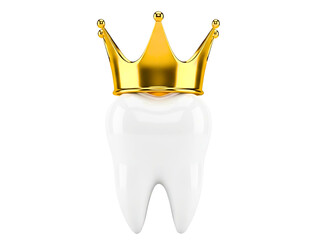 Healthy white tooth wearing a golden crown isolated on transparent background