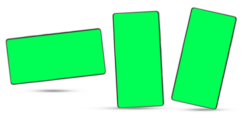 Set of three modern smartphones with vibrant green screens shown at different angles, ideal for chroma key and app previews