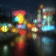 Obraz premium Rainy Night City Lights Through Wet Window