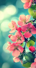 Pink blossoms with green leaves against a bokeh backdrop