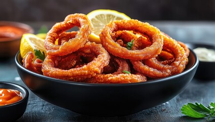 Fried onion rings in a black bowl with lemon wedges