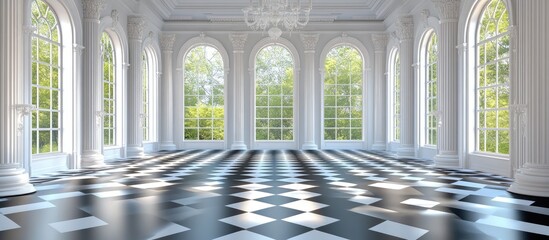 Ornate, white room with checkered floor and large windows