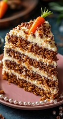 Carrot cake slice with carrot garnish and creamy frosting
