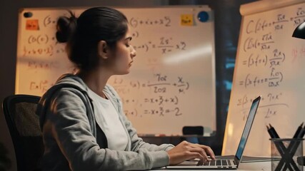 Woman working on laptop with equations in the background, studying. - Powered by Adobe