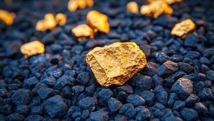 Golden nuggets lay on a bed of dark stones in the light