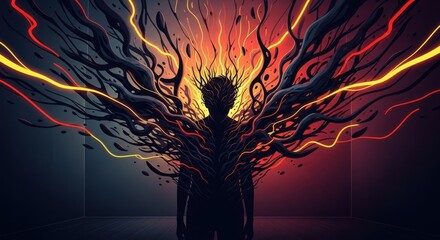 Abstract Digital Art of a Human Figure with Explosive Energy and Light Trails