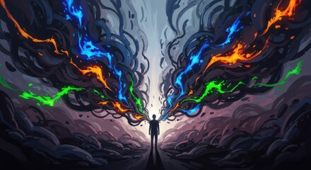 Abstract Digital Art of a Person with Colorful Smoke Emissions