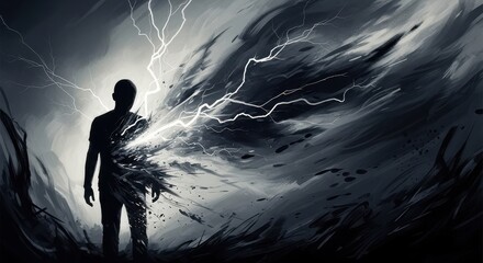 Abstract Digital Art of a Human Silhouette with Lightning and Stormy Background