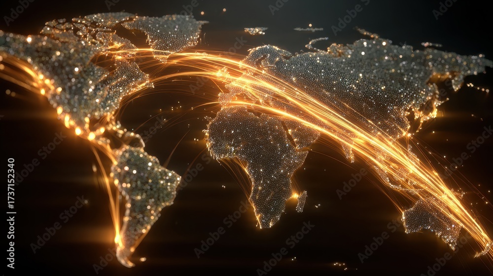 Wall mural glowing world map with interconnected data points and highlights