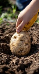 Hand plants potato seed into garden soil with trowel