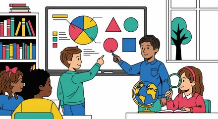 Children learning about shapes and data visualization in a classroom setting with a teacher and a smartboard.