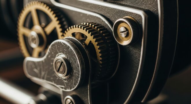 Close-up of vintage camera gears and dials