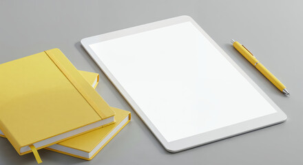 Digital Workspace: A modern tablet serves as the centerpiece, its blank screen awaiting the next creative endeavor. Adjacent, a pair of sleek notebooks and a pen complete the setup.
