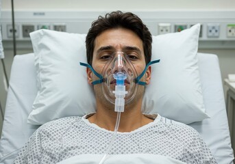 Patient in Resuscitation: A patient lies supine in a hospital bed with an oxygen mask, capturing the raw essence of vulnerability, medical care, and the fight for recovery. 
