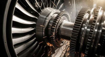 Industrial Gears and Turbine with Sparks in Motion
